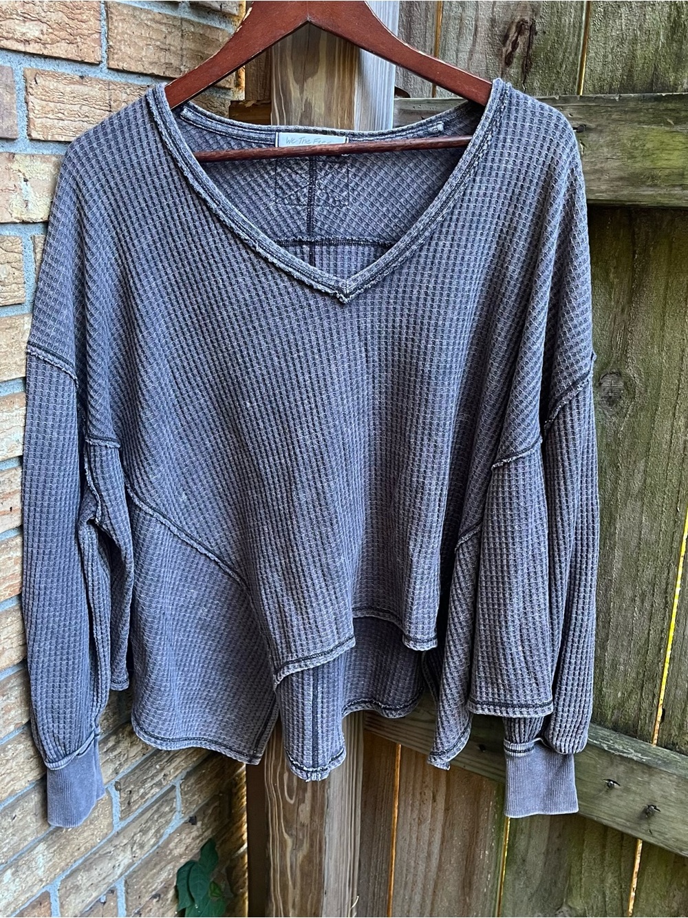 We The Free Oversized Washed Waffle V-Neck Long Sleeve - Charcoal Gray